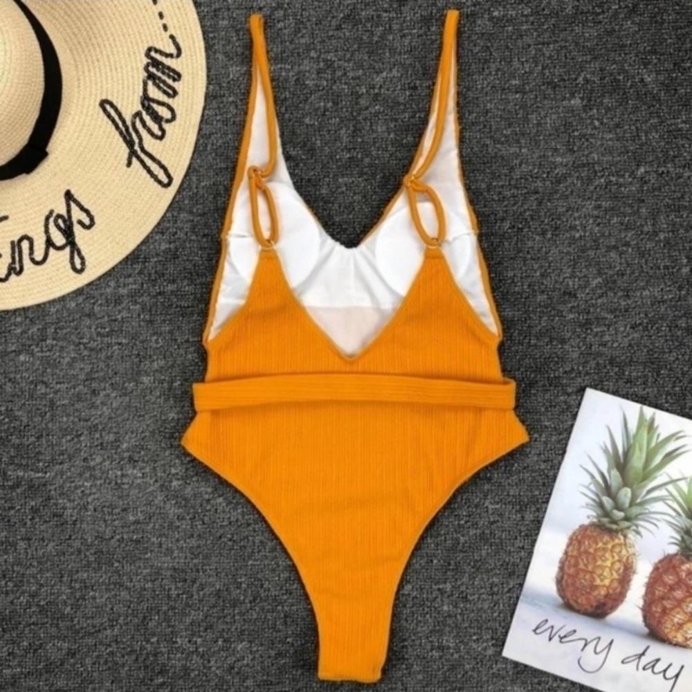 New Ribbed Deep V-neck Belted One Piece Swimsuit - Picture 7 of 7